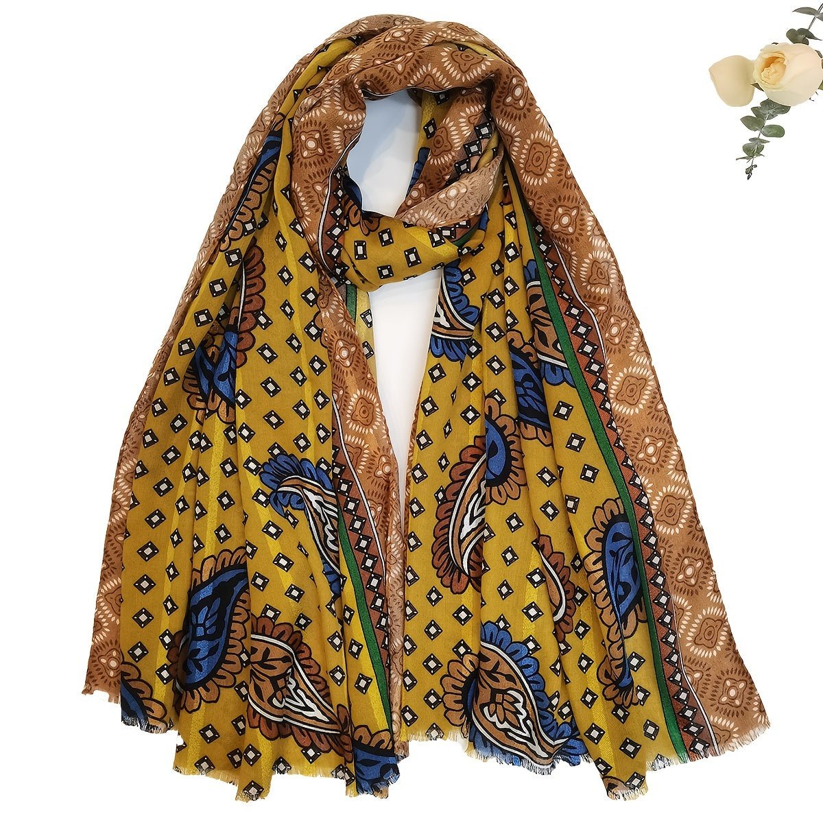 Bohemian Paisley Print Scarf Vintage Frayed Edge Long Shawl