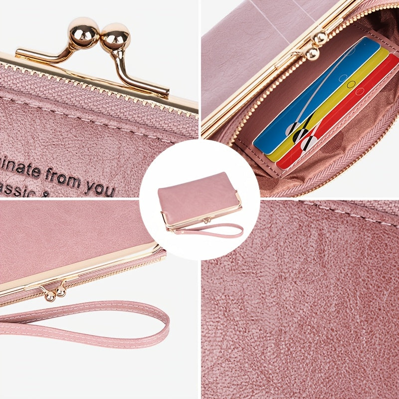 Women's Compact Bifold Wallet Vintage Zipper Kiss Lock Coin Purse