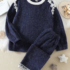 Girl's Fleece Pajama Set Lace Decor Long Sleeve Top & Pants