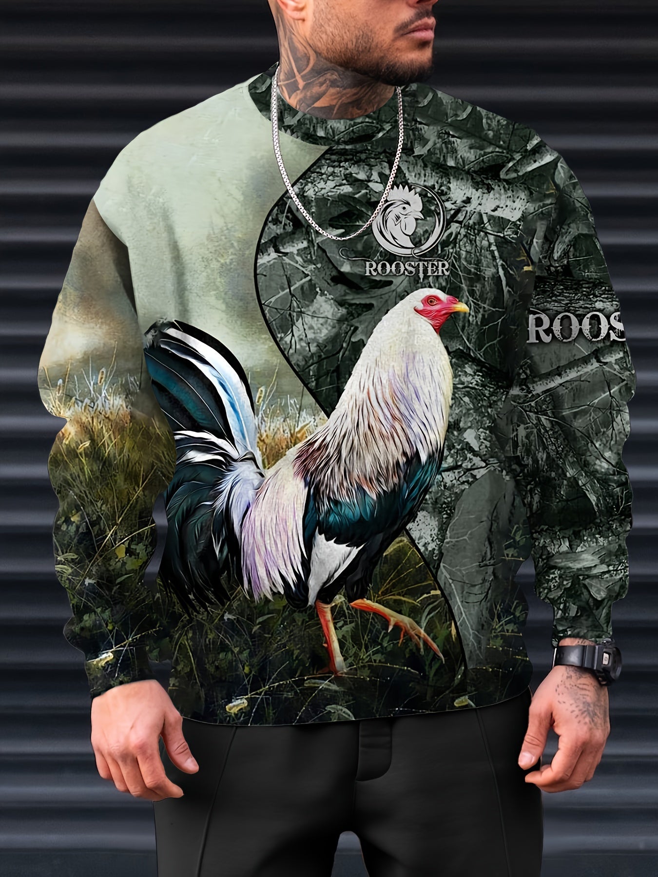 Rooster Print Men's Graphic Sweatshirt Loose Pullover For Autumn Winter