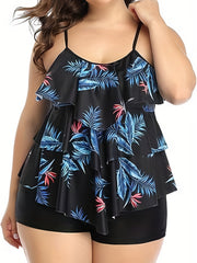 Tropical Print Ruffle Trim Tankini Set