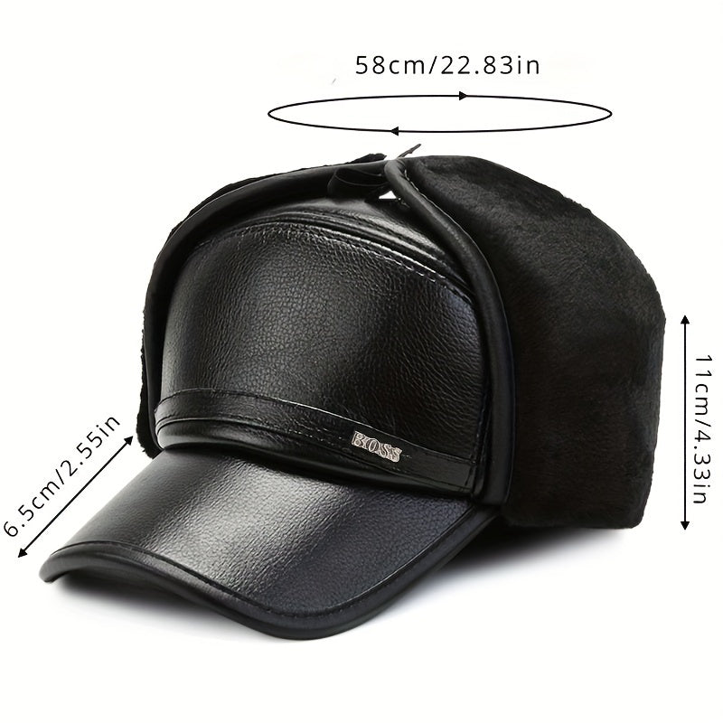 Men's Leather Baseball Cap With Earflaps Winter Warm Hat