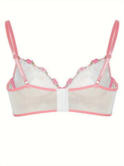 Floral Embroidered Semi Sheer Underwire Mesh Bra