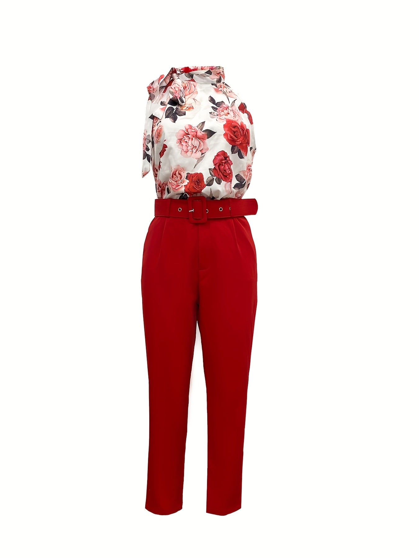 Floral Print Sleeveless Top & Solid Pants Set