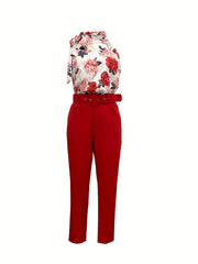 Floral Print Sleeveless Top & Solid Pants Set