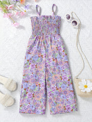 Girls Boho Flower Print Shirred Cami Jumpsuit For Party