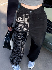 Geometric Print Patchwork Denim High Rise Jeans
