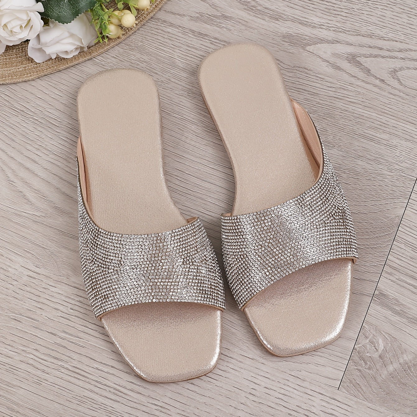Women's Rhinestone Pattern Sandals Square Toe Non slip Flat Outdoor Slides Shoes