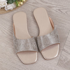 Women's Rhinestone Pattern Sandals Square Toe Non slip Flat Outdoor Slides Shoes