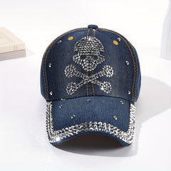 Sparkle Skull Hat for Women - Rhinestone Denim Ball Cap