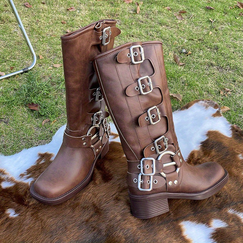 Women's Chunky Heel Buckle Strap Combat Knight Boots