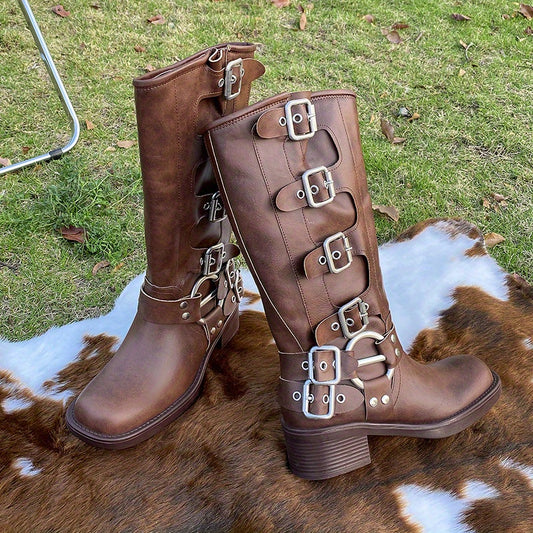 Women's Chunky Heel Buckle Strap Combat Knight Boots