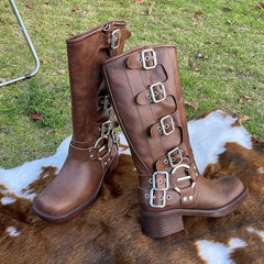 Women's Chunky Heel Buckle Strap Combat Knight Boots