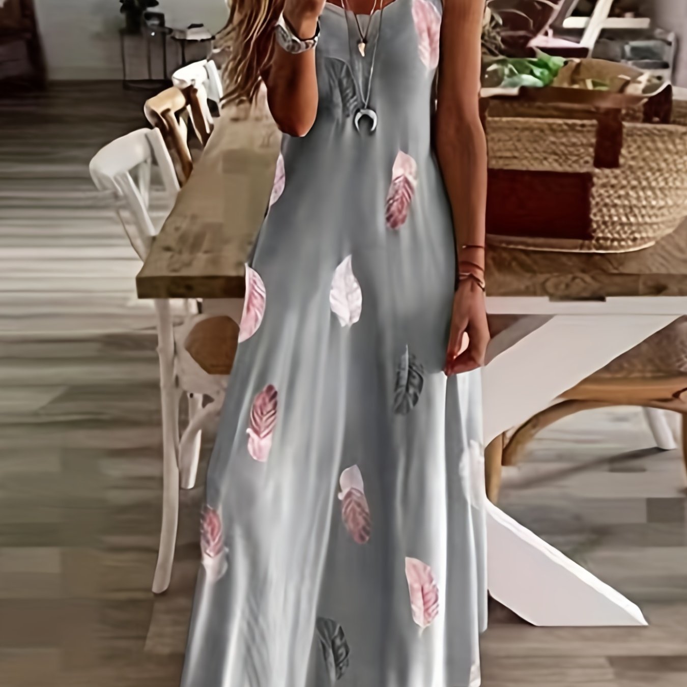 Feather Print Cami Dress V Neck Maxi Dress