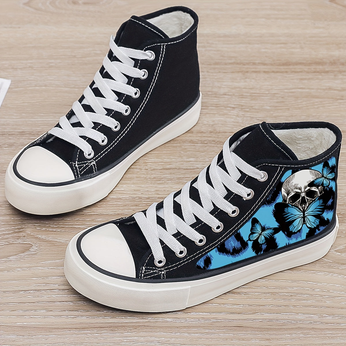 Skull & Butterfly Print Plush Lined Thermal Chunky Canvas Sneakers
