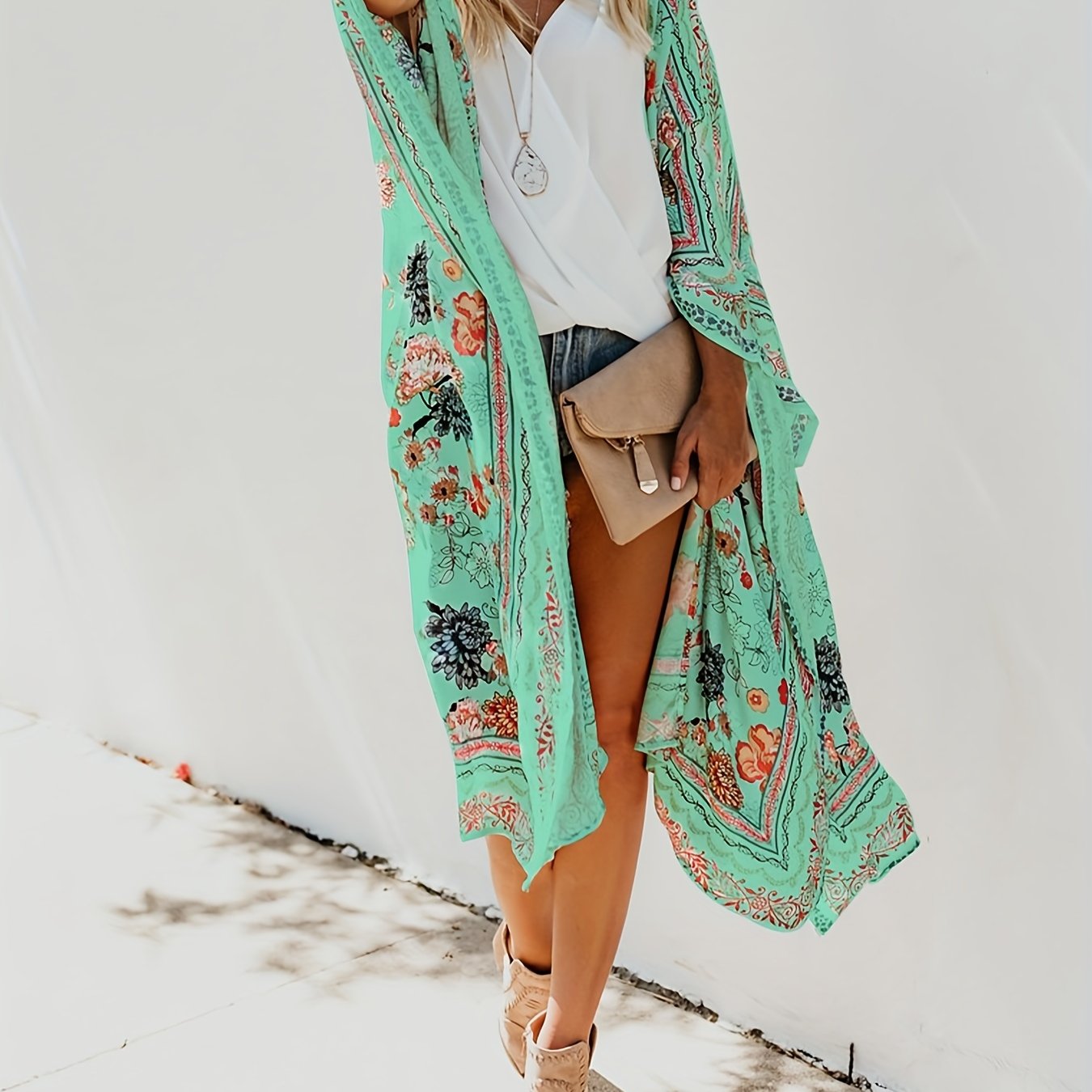 Floral Pattern Cover Up Shirt V Neck Loose Fit Beachwear Kimono