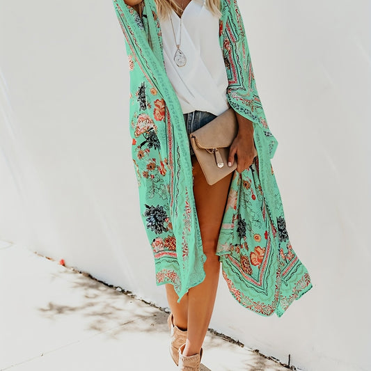 Floral Pattern Cover Up Shirt V Neck Loose Fit Beachwear Kimono