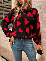 Heart Print Pullover Sweatshirt Crew Neck Long Sleeve for Spring & Fall
