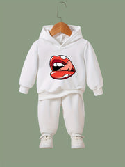 Girls Boys 2pcs Lips Print Hooded Pullover Pants Set Spring Fall