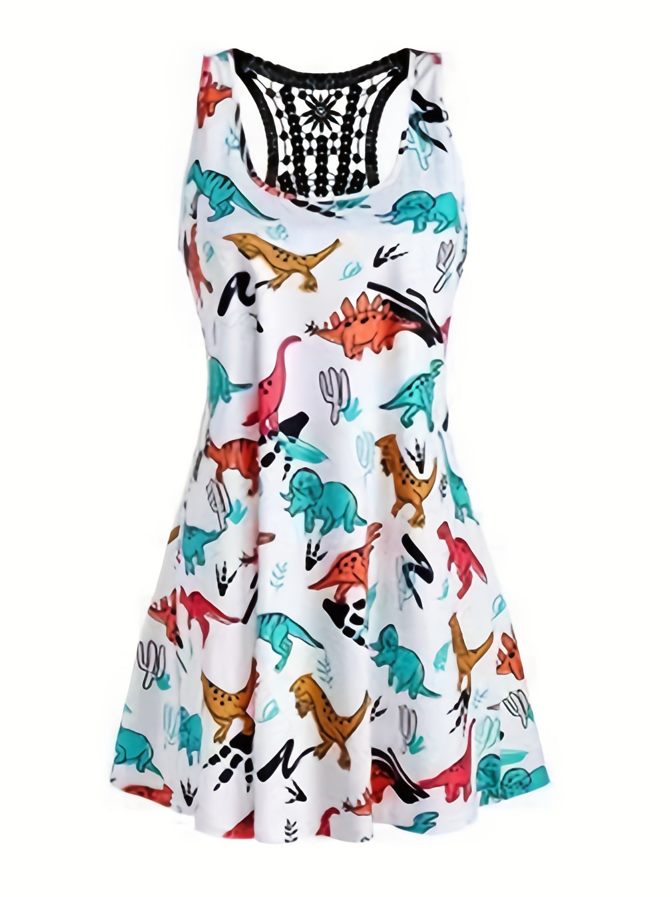 Dinosaur Print Casual Tank Dress with Lace Panel