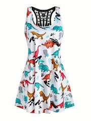 Dinosaur Print Casual Tank Dress with Lace Panel