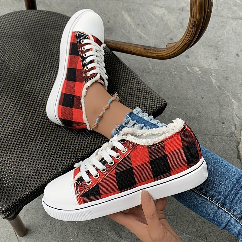 Women's Plaid Canvas Low Top Flat Sneakers Lace Up Walking Shoes