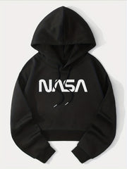 Letter Graphic Drawstring Crop Hoodie Long Sleeve Sweatshirt