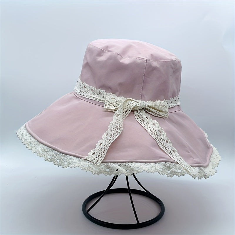 Bowknot Lace Decor Bucket Hat Wide Brim Sun Hat for Travel Beach