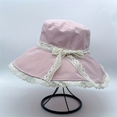 Bowknot Lace Decor Bucket Hat Wide Brim Sun Hat for Travel Beach