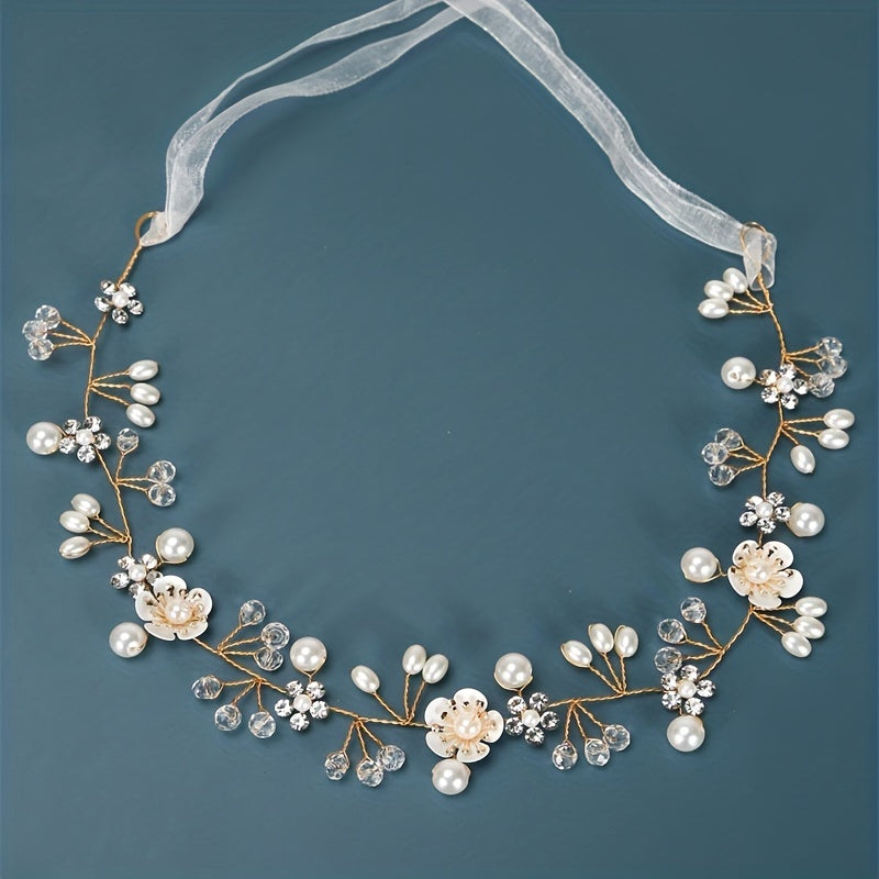 Flower Faux Pearl Crystal Headband Ribbon Wedding Bridal Jewelry