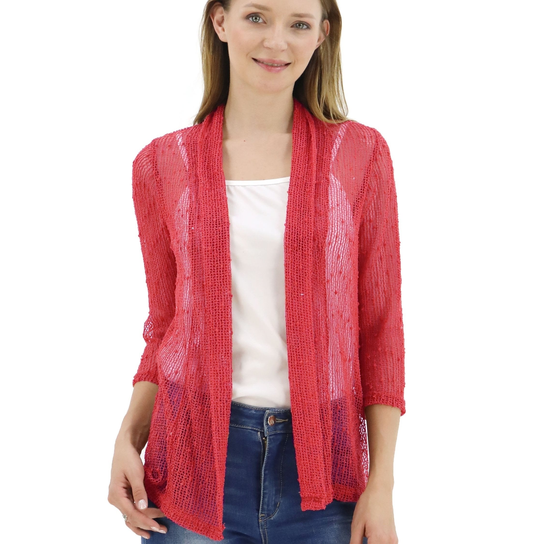 V Neck Mesh Slim Cardigan Boho 3/4 Sleeve Crochet Crop
