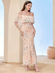 Floral Off Shoulder Bridesmaid Dress Ankle Length