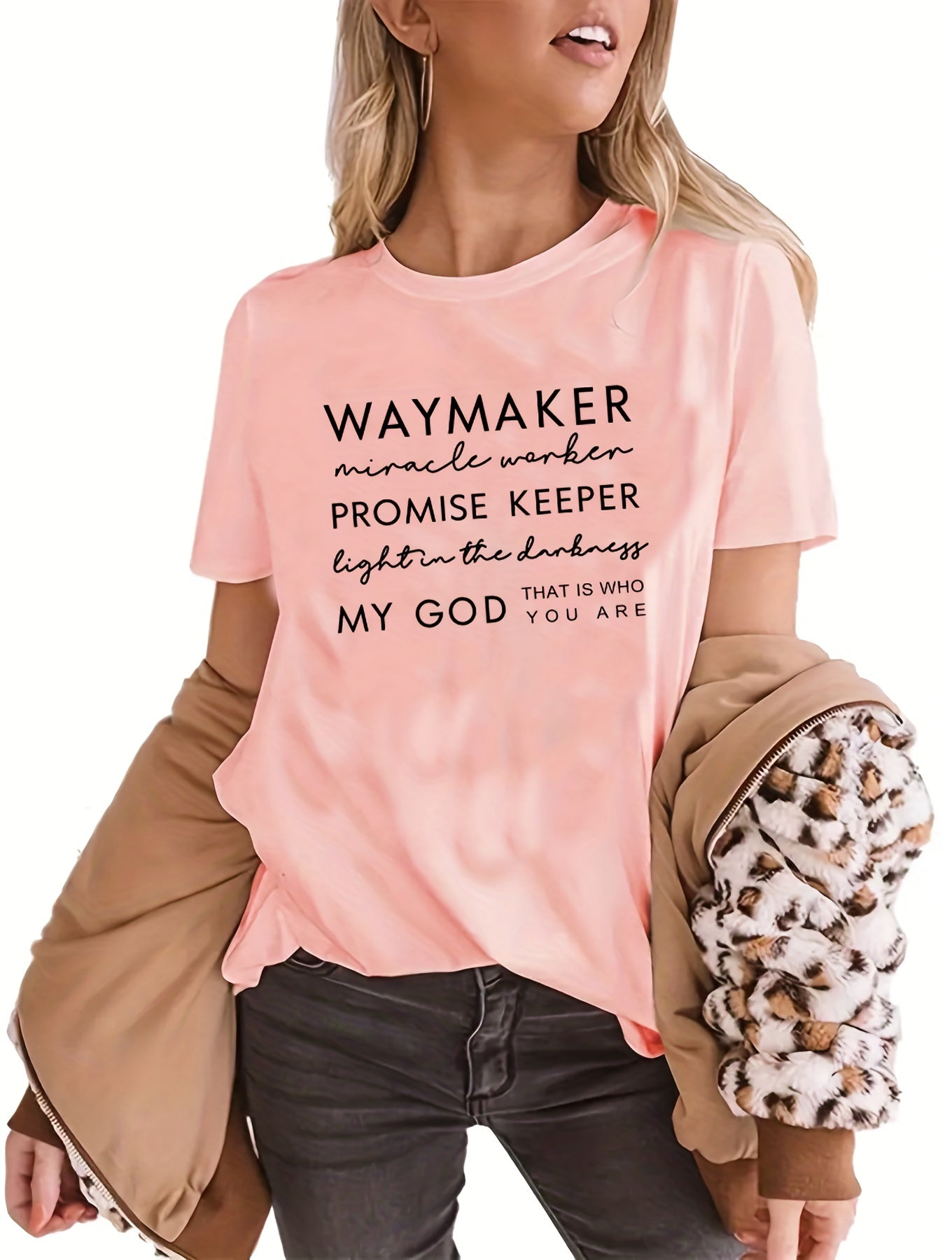 Faith Quote Print Crew Neck Graphic T shirt Short Sleeve Tee Women's Tops
