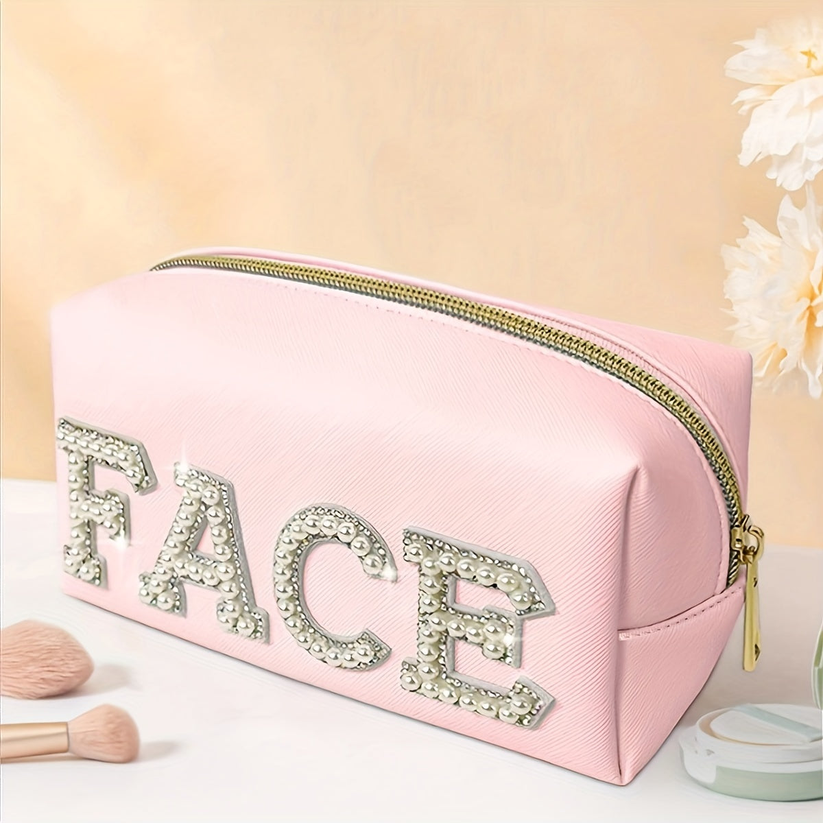 Varsity Letter Patches PU Leather Cosmetic Bag