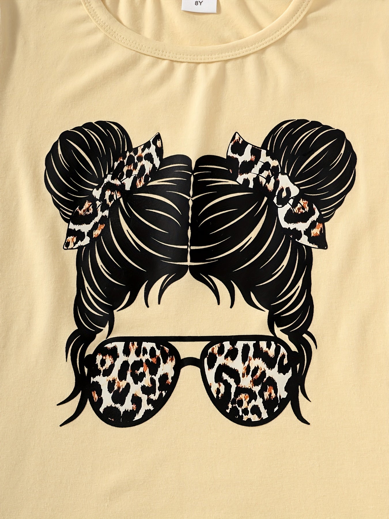 2 Pcs Girls' Portrait Tee & Animal Print Pants Set For Summer