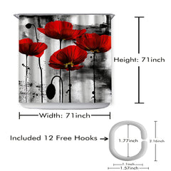 Red Poppy Shower Curtain Ink Painting 12 Hooks Waterproof Fabric Bath Decor