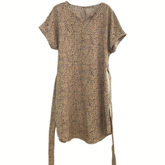 Leopard Print Dress Casual Drawstring Notched Neck Short Sleeve Dress
