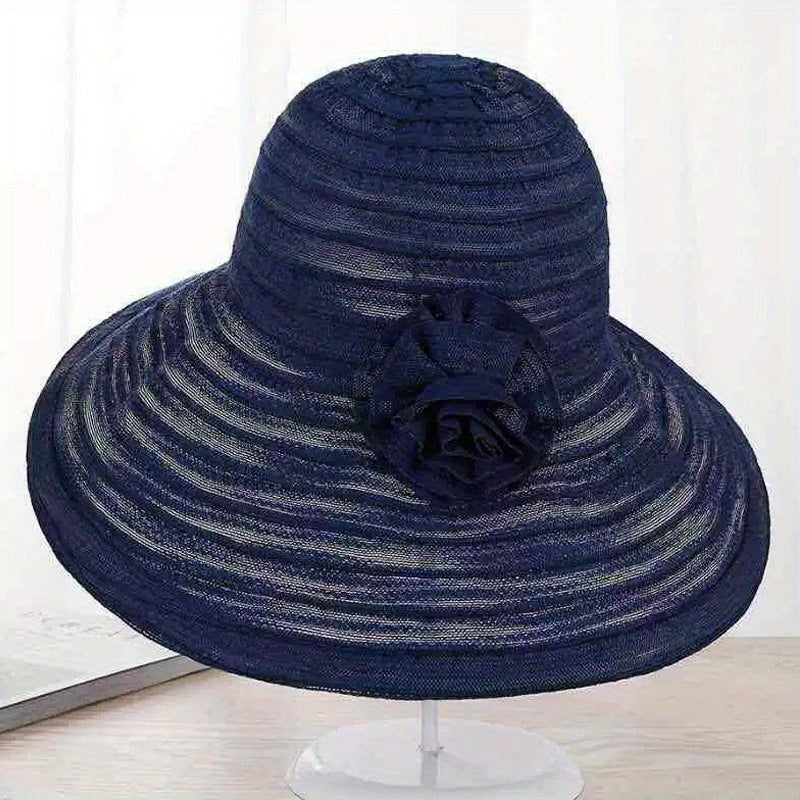 Wide Brim Floppy Sun Hat Flower Decor Striped Crinkle Bucket Hat