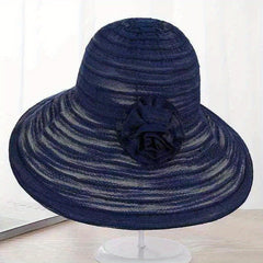 Wide Brim Floppy Sun Hat Flower Decor Striped Crinkle Bucket Hat
