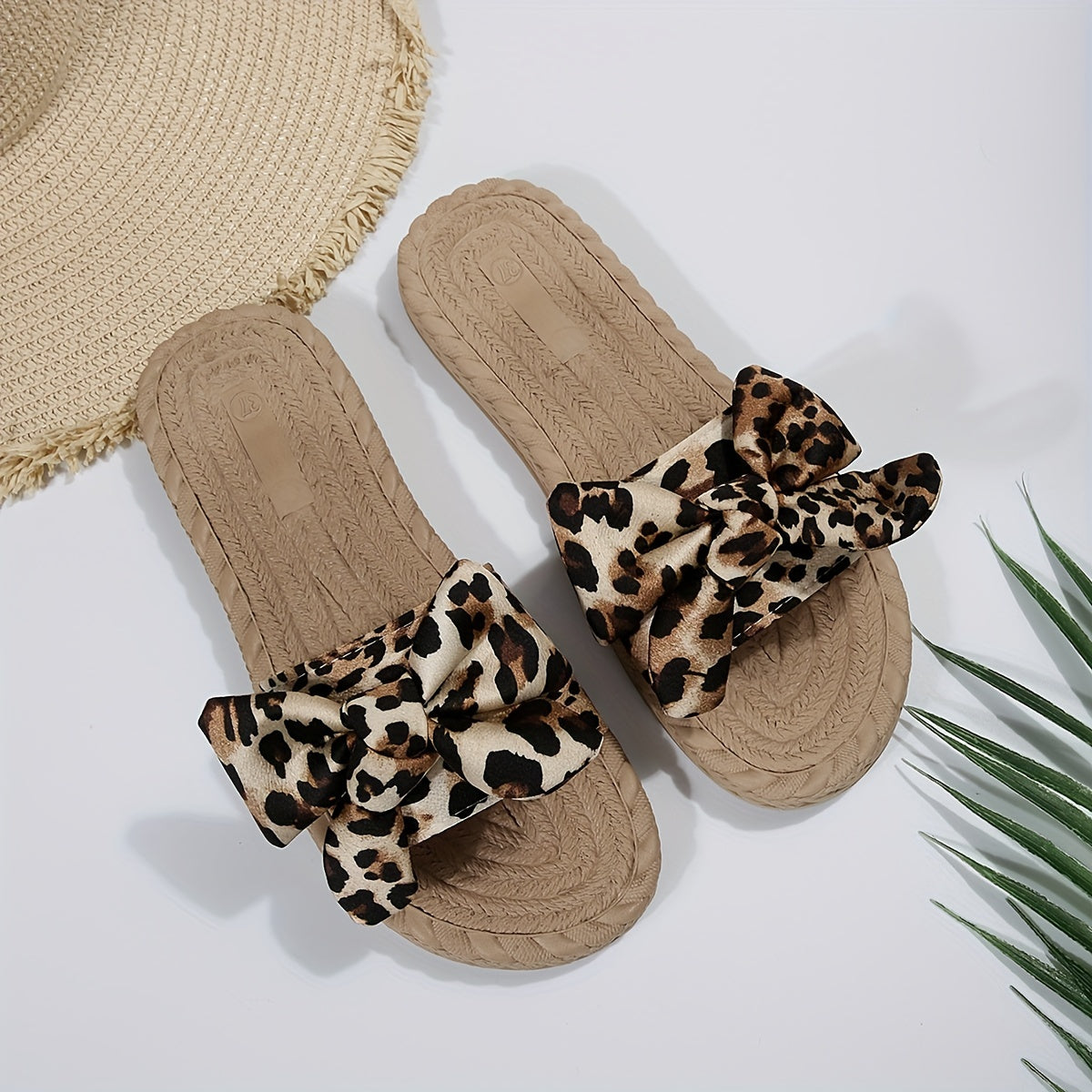 Leopard Pattern Bowknot Beach Slippers Flat Summer Slippers