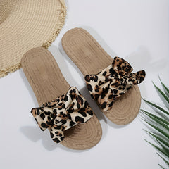 Leopard Pattern Bowknot Beach Slippers Flat Summer Slippers