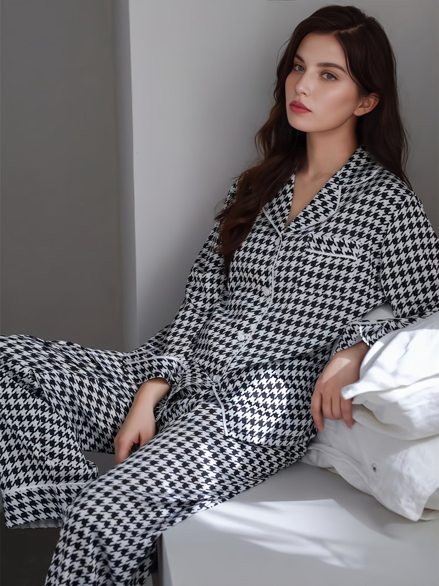 Classic Houndstooth Pajama Set Long Sleeve Shirt & Trousers