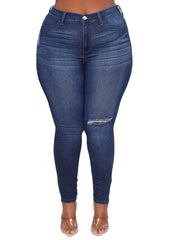 Navy Ripped Holes Skinny Jeans Slim Fit High Stretch Curvy Denim Pants