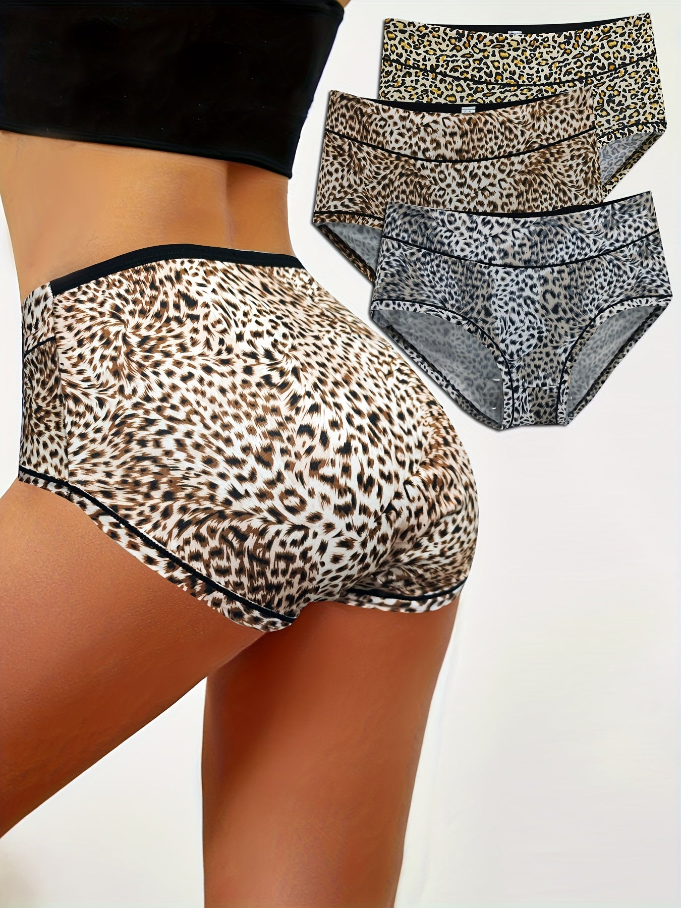 3pcs Leopard Print Briefs Comfy & Stretchy Intimates Panties