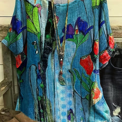 Floral Print Short Sleeve Split Blouse