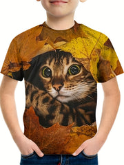 Boy's Leaf & Cat Graphic T shirt Casual 3D Print Tee