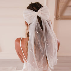 Bow Veil Mesh Faux Pearl Headpiece Wedding Banquet Party