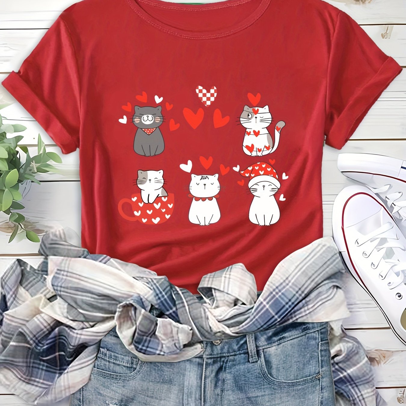 Cute Cat Print Heart T Shirt for Women