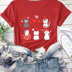 Cute Cat Print Heart T Shirt for Women