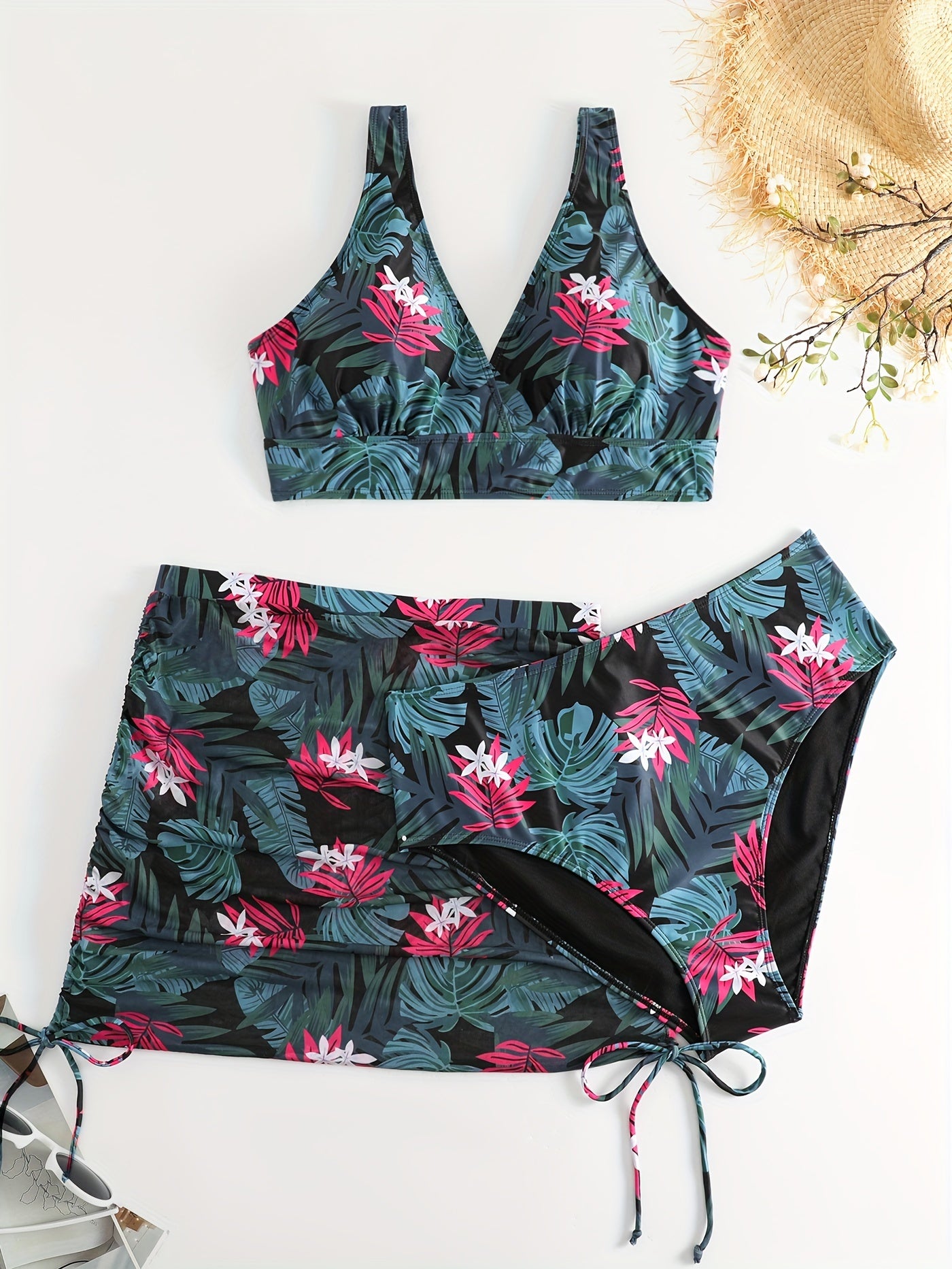 Marble Print Bikini Set with Lace Up Side Ruched Cover Up Skirt